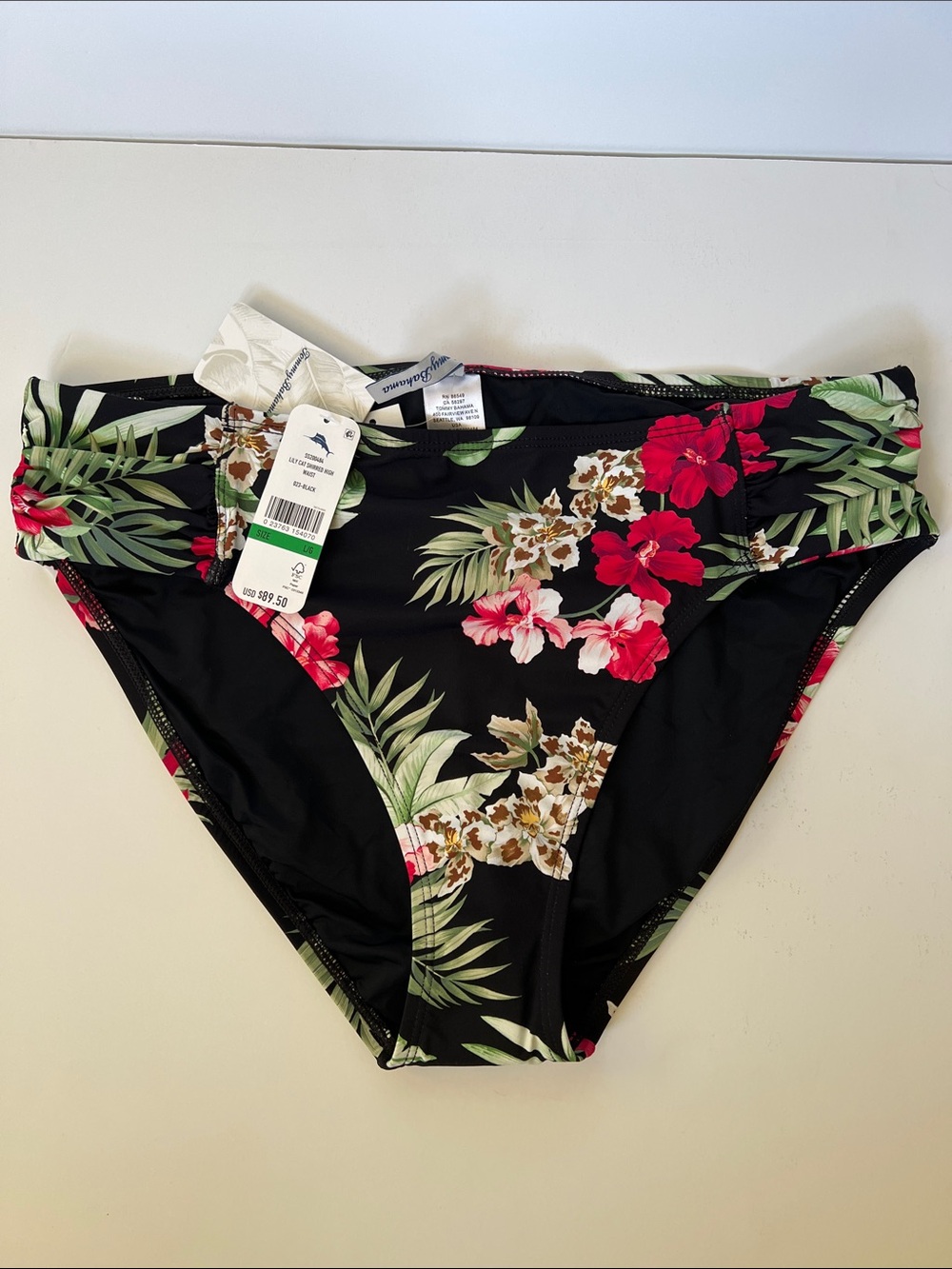 Tommy Bahama Black Bikini Bottom with Dark Pink & Green Tropical Floral Print